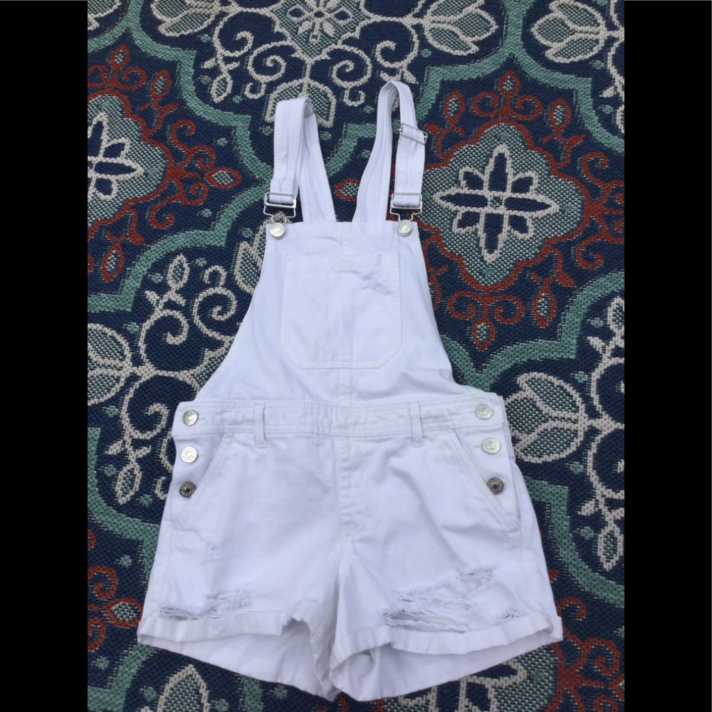 Distressed White Jean overall shorts